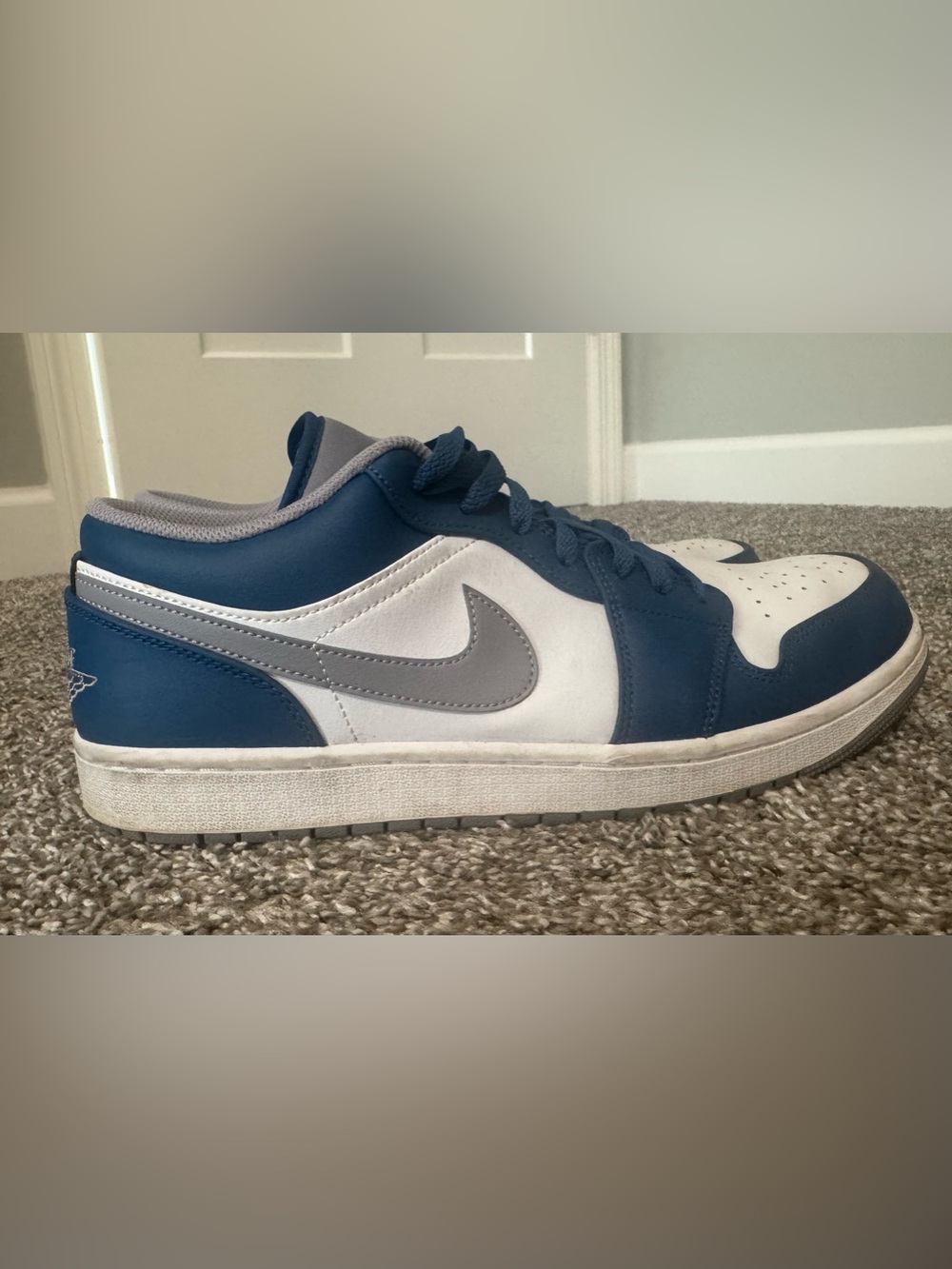 Jordan 1 low Blue & White Low-Top Sneaker with Gray Swoosh- size 12